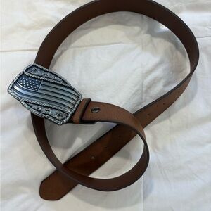 American Flag Brown Leather Belt with Silver Buckle